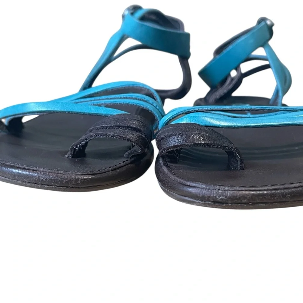 Olukai Leather Beach Sandal Wet Grip Sole Brown & Turquoise Blue Size 6